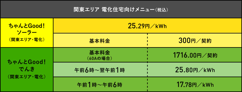 関東エリア オール電化住宅向けメニュー（税込）